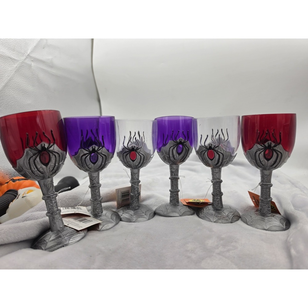 LOT 6 Halloween Acrylic Jewel Accent Spider Web Stem Wine Glass Festive Goblets